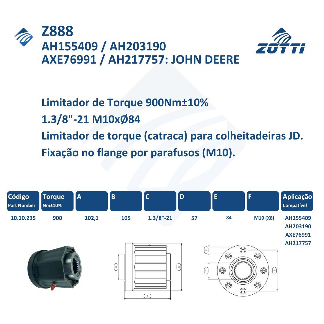 Z888 - LIMITADOR DE TORQUE FLANGE FIXO 900NM - AH155409 - AH203190 - AXE76991 - AH217757 / JOHN DEERE